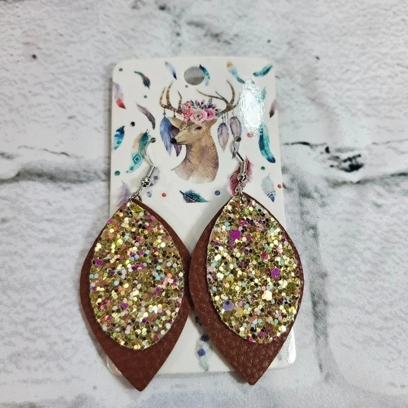 2 layer gold and brown glitter Faux Leather Dangle Chic Lightweight Earring 2br4 - Picture 4 of 6